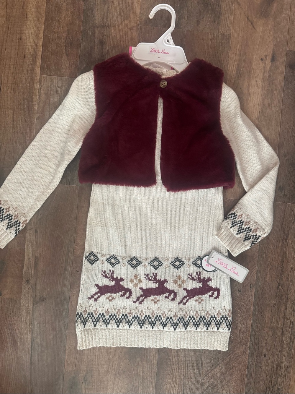 Little Lass Cream Knit Dress with Burgundy Faux Fur Vest and Fair Isle Detail